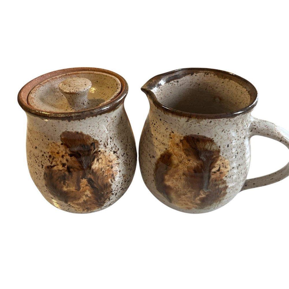 Signed Studio Art Pottery Small Cream and Sugar Ceramic Set Stoneware Farmhouse